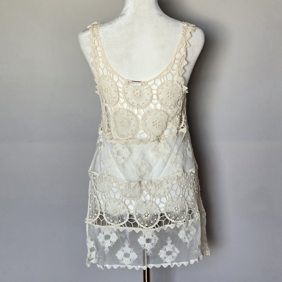 Miss Kelly 1999 Boho Cream Crochet Lace Sleeveless Tunic Swim Cover Up Top - Picture 2 of 7